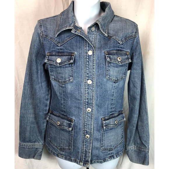 Gap Blue Jean Jacket S Snap Front Pockets Stretch Denim Grunge Trucker Western - Picture 1 of 5